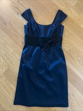Kay Unger Navy Satin Sheath Dress with Bow Waistband